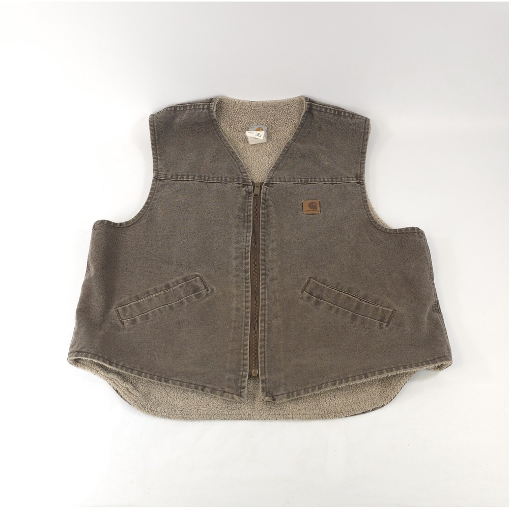 Vintage USA Carhartt Brown Sherpa Lined Zip Up Canvas Duck Vest Mens XL V13CHT